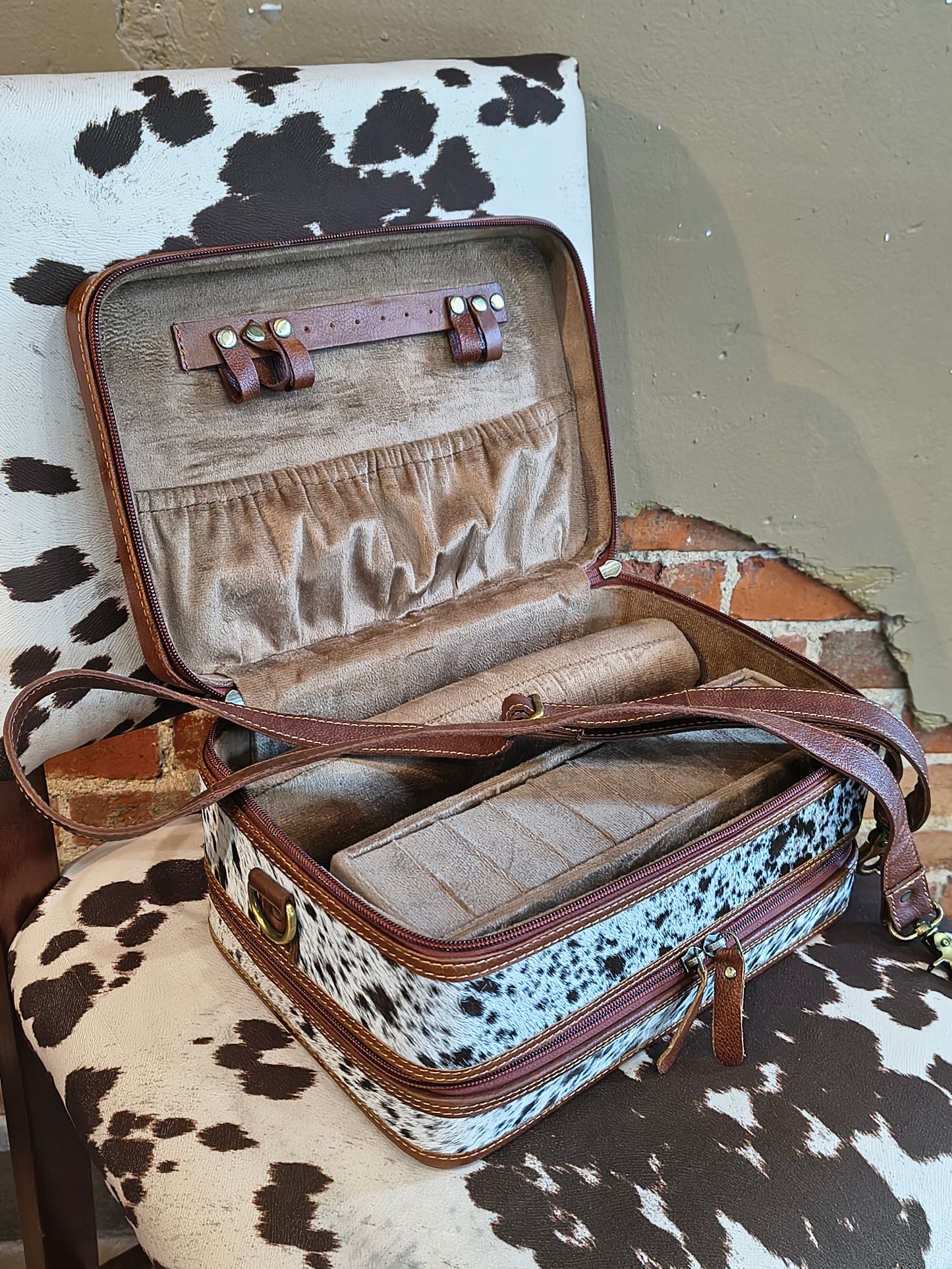 Leather Tooled with Cowhide 2 Layer Jewelry Box