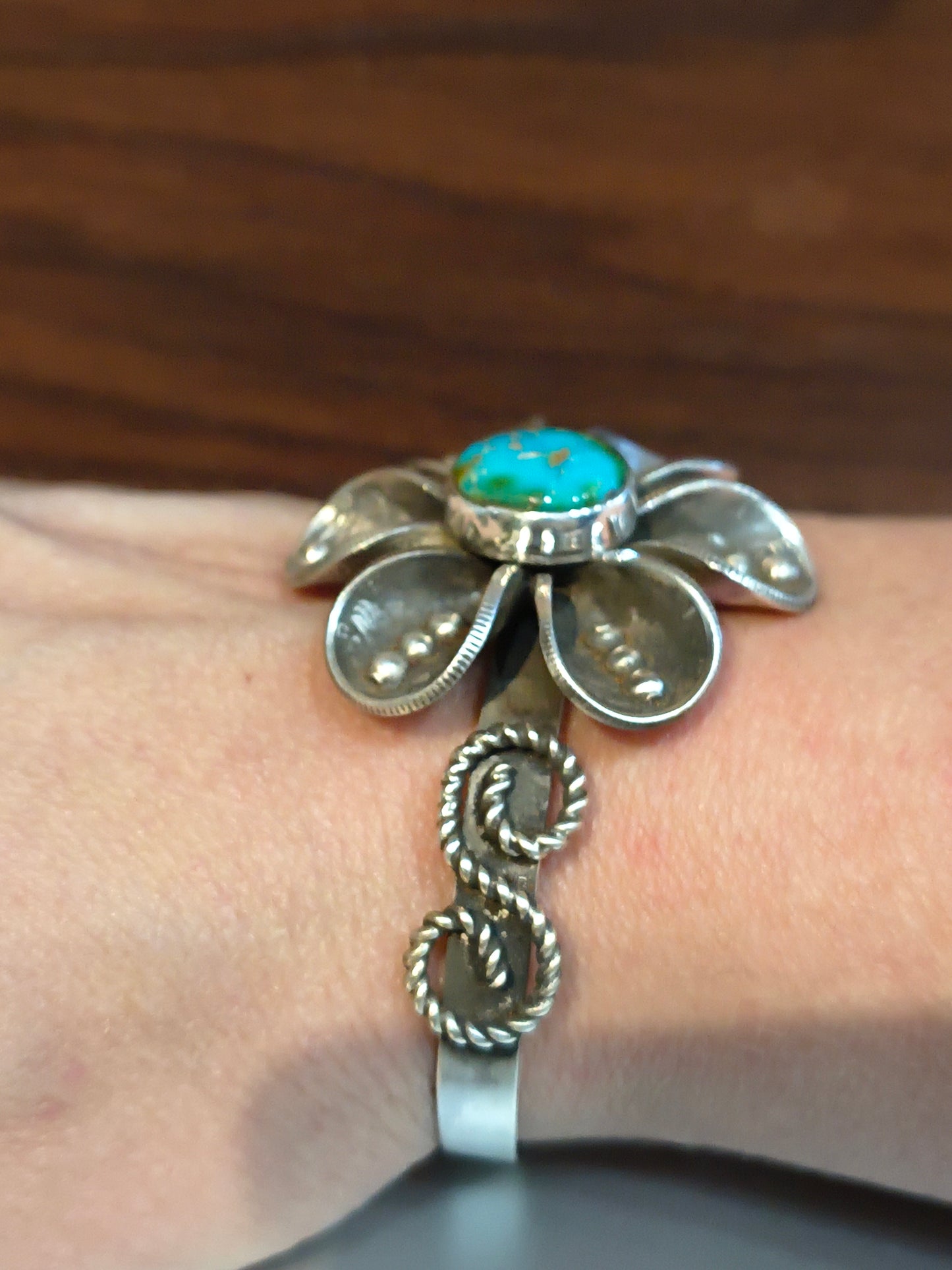 Sonoran Gold Turquoise with Mercury Dime Flower Cuff by James Begay, Jr., Navajo