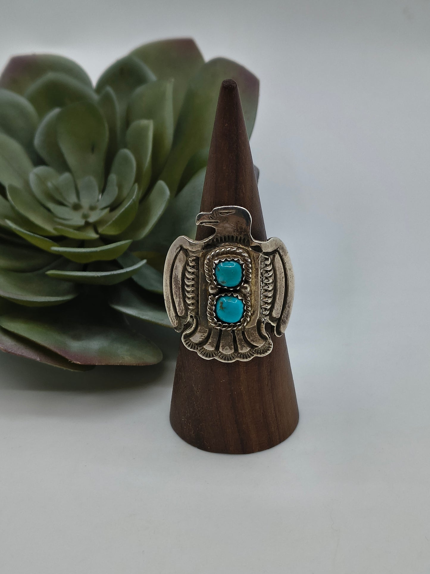 10.0 Turquoise Thunderbird Ring by Alice R. Sanders, Navajo