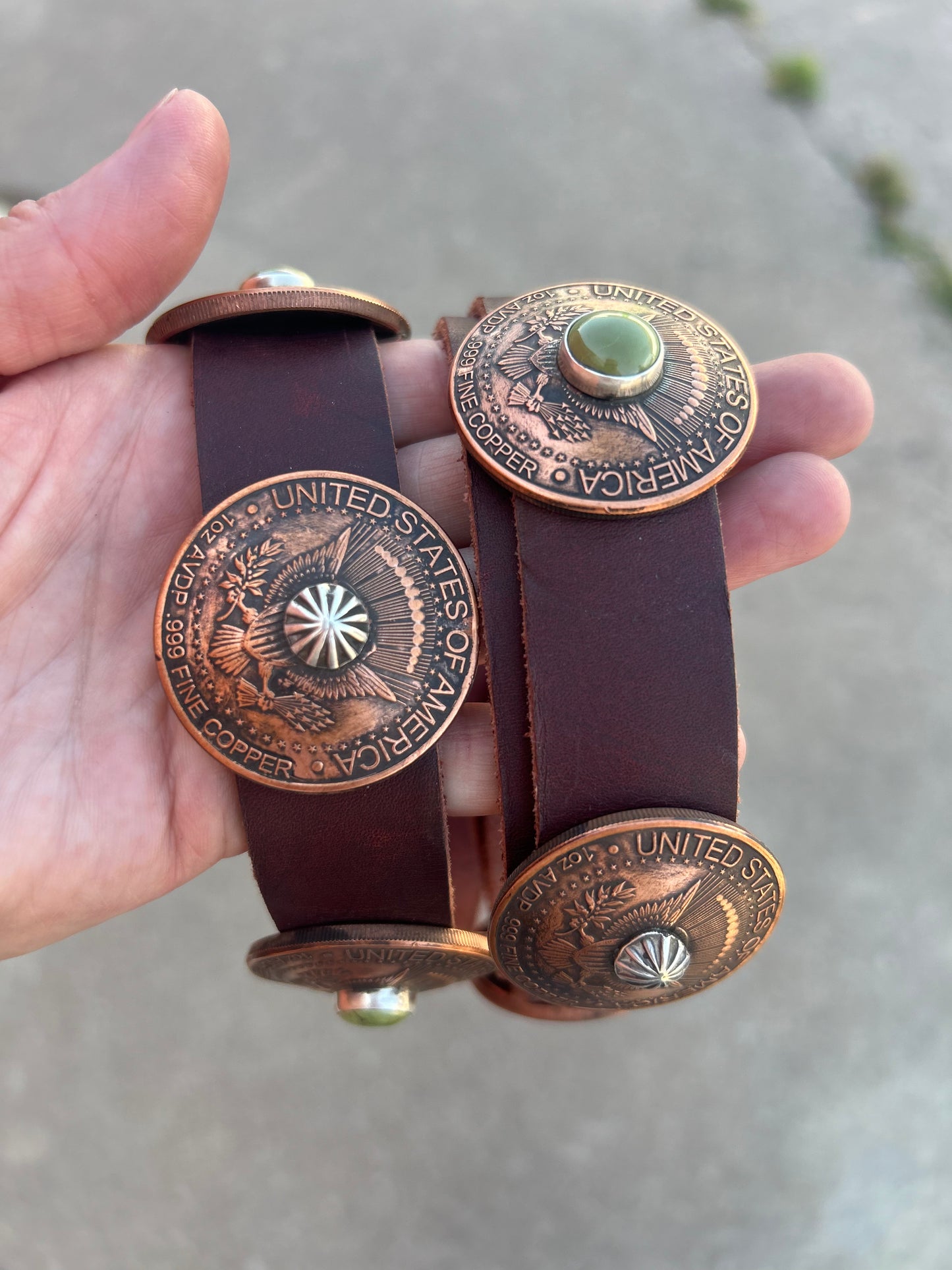 Copper 1 oz Coin on Leather Belt by James Begay, Jr., Navajo