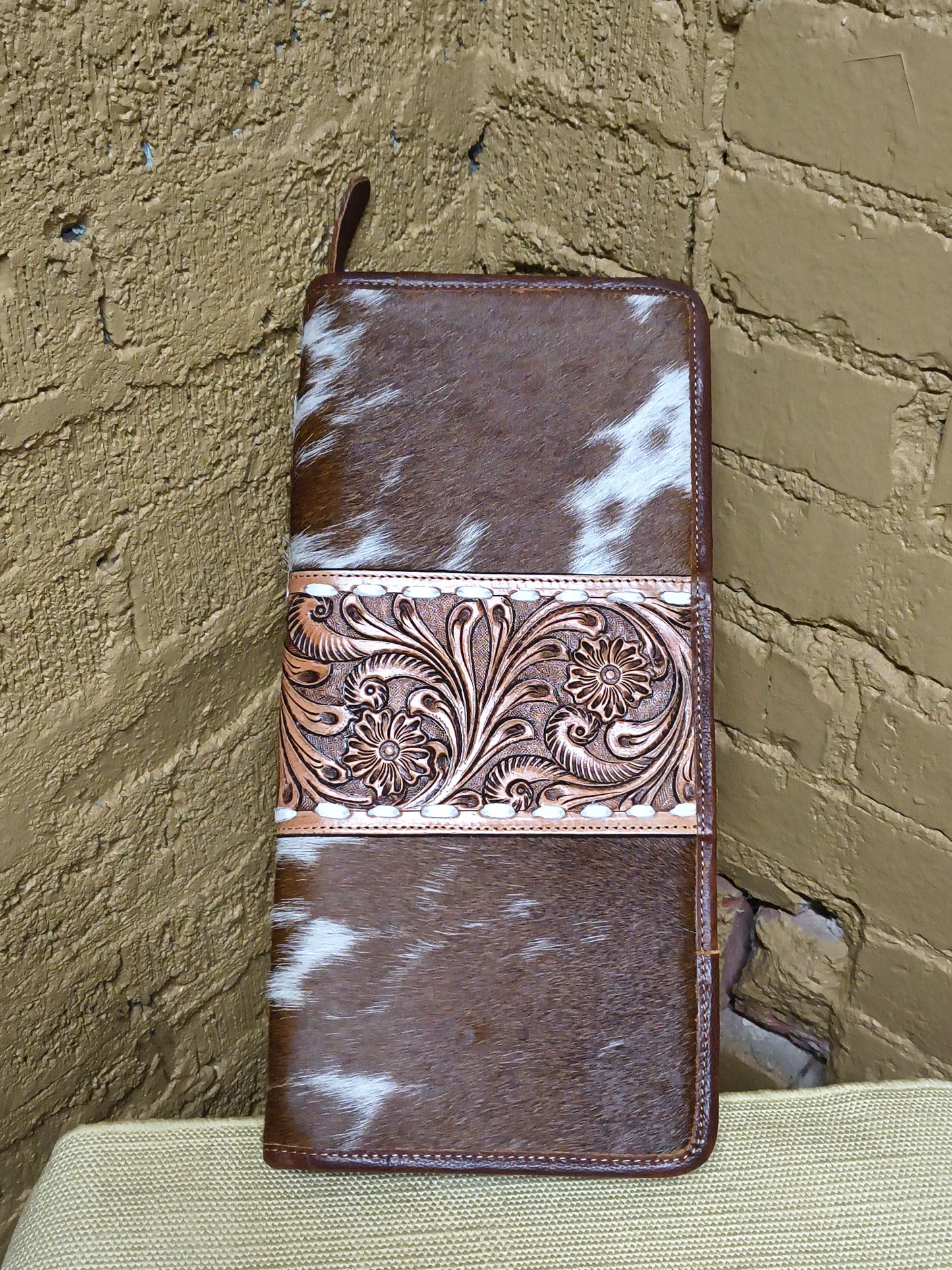 Medium Brown Tooled Leather and Cowhide Necklace Flat Jewelry Holder