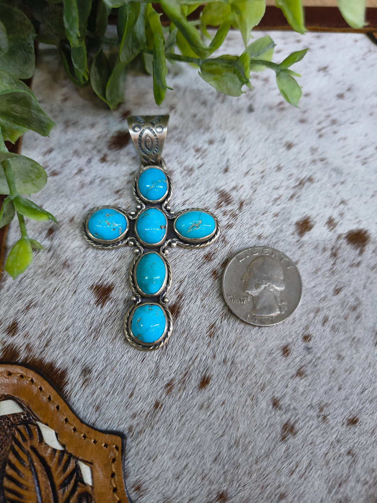 6 Stone Sonoran Blue Turquoise Cross Pendant 10mm Bail