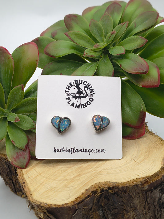 White Opal Fish Scale Inlay Heart Post Earrings by Lynelle Johnson, Zuni