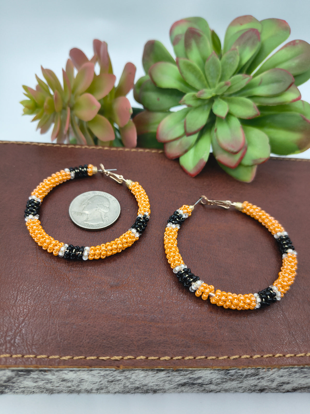Orange/Black Hoop Earrings by Lillian Steele, Apache