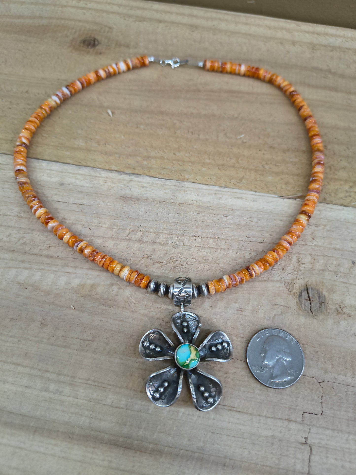 Mercury Dime Flower on 18" Spiny Oyster Necklace by James Begay, Jr., Navajo