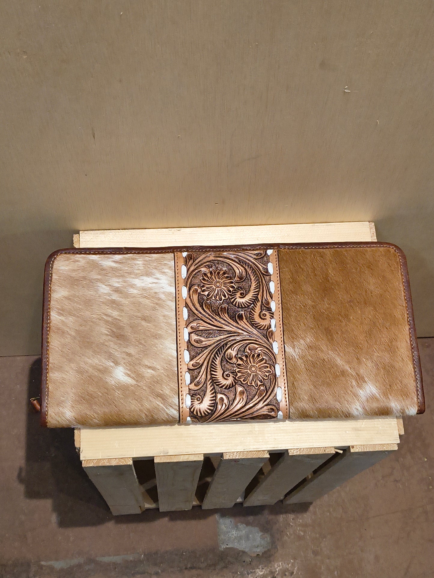 Medium Brown Tooled Leather and Cowhide Necklace Flat Jewelry Holder