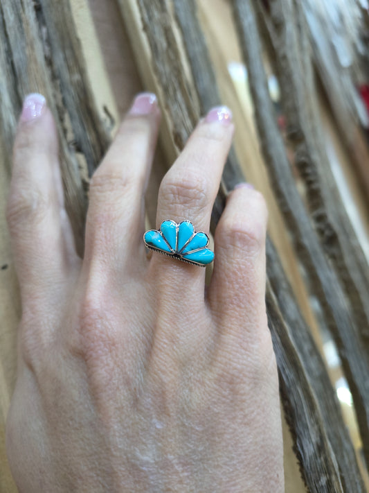 6.5 Half Cluster Inlay Turquoise Ring by Velda Nastacio, Zuni