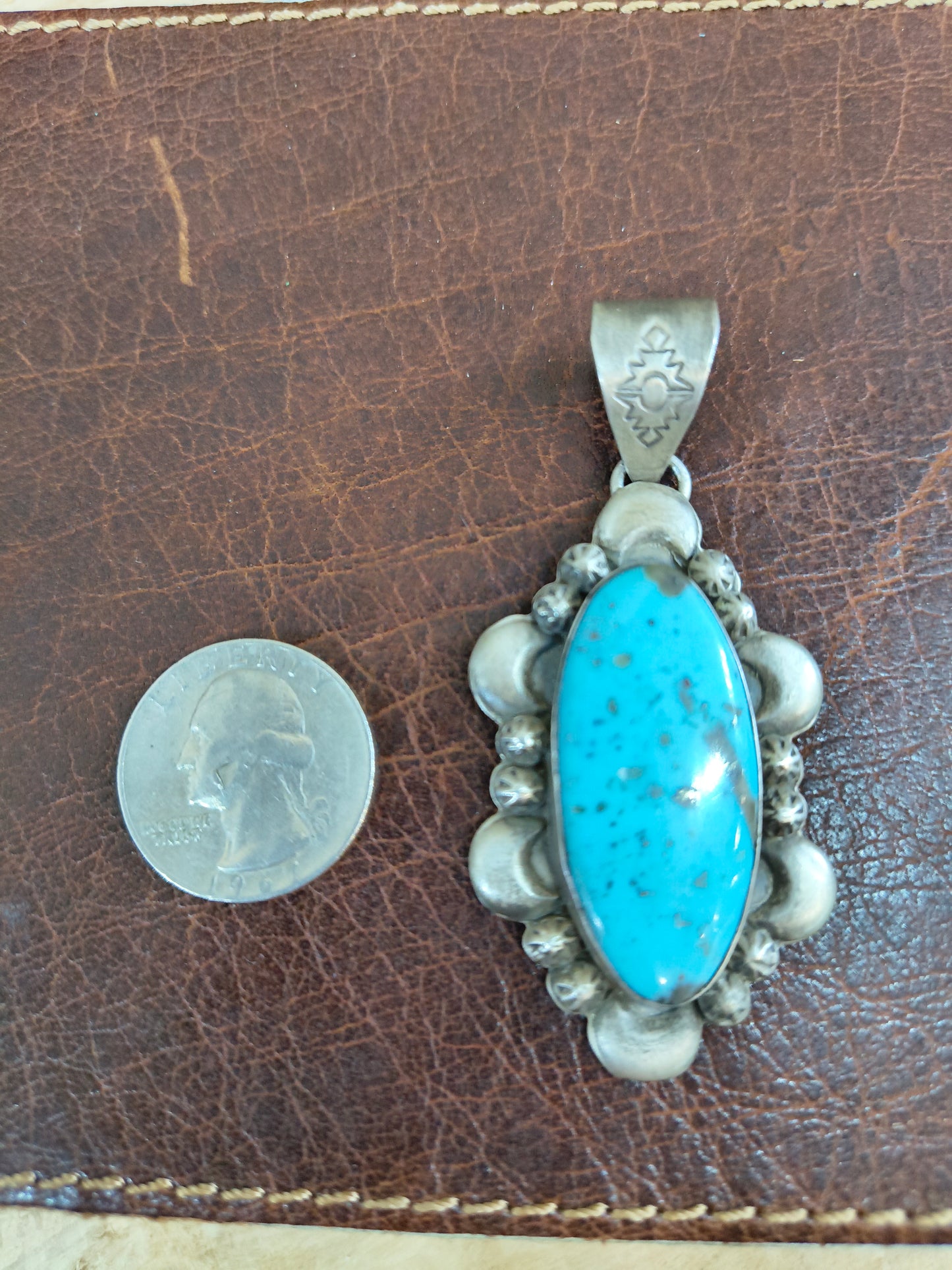 Slender Oval Kingman Turquoise Pendant 10 mm by Steven Nez