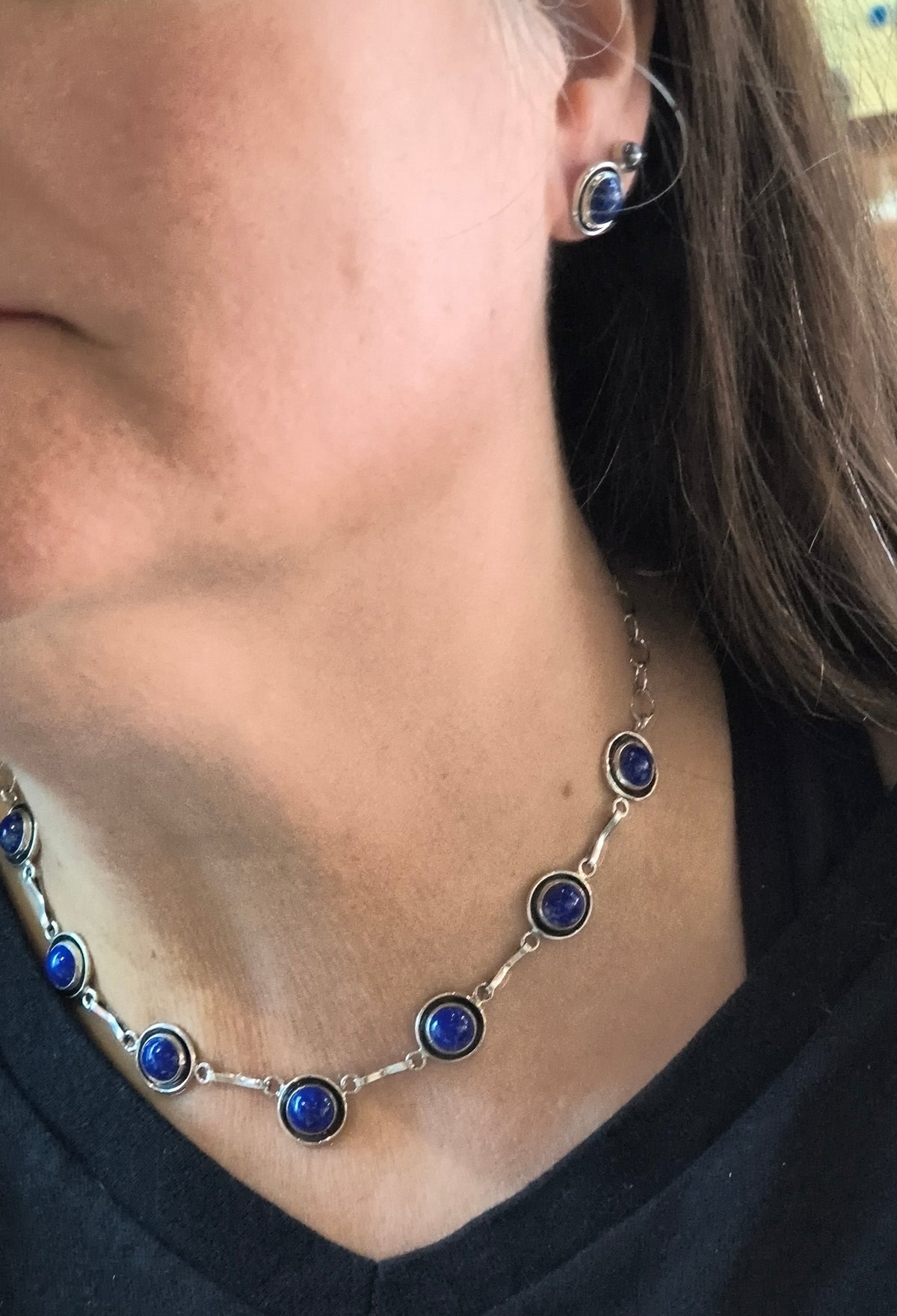 16" 7 Stone Lapis Necklace & Earring Set by Martin Perry, Navajo
