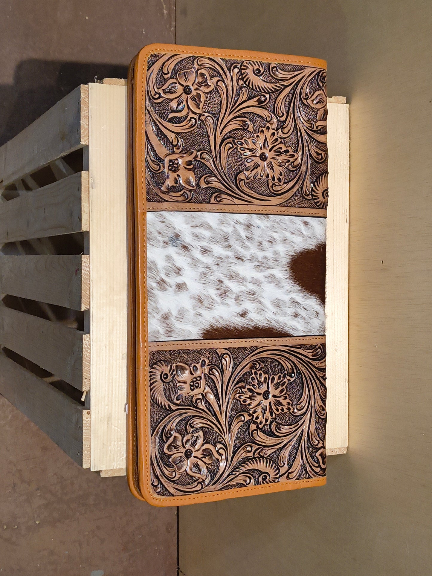 Medium Brown Tooled Leather and Cowhide Necklace Flat Jewelry Holder