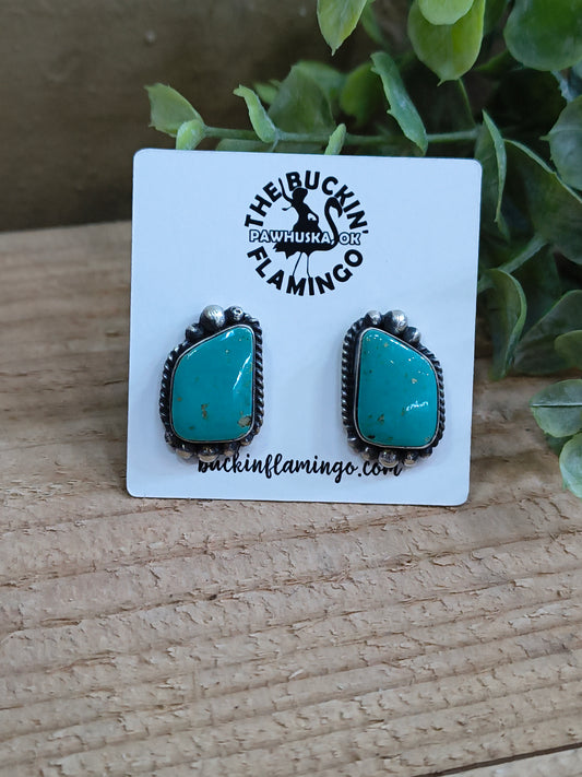 Kingman Turquoise Top Post Earrings by Elouise Kee, Navajo