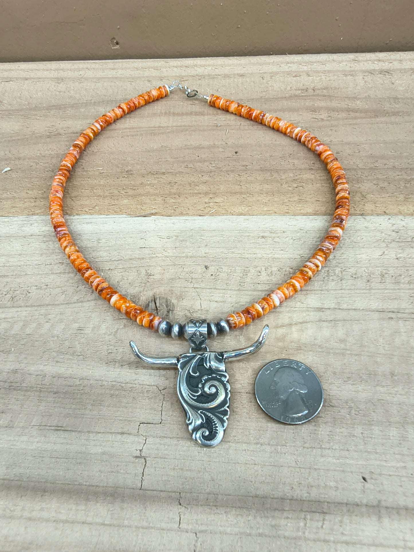 Steer Head on 18" Spiny Oyster Necklace by James Begay, Jr., Navajo
