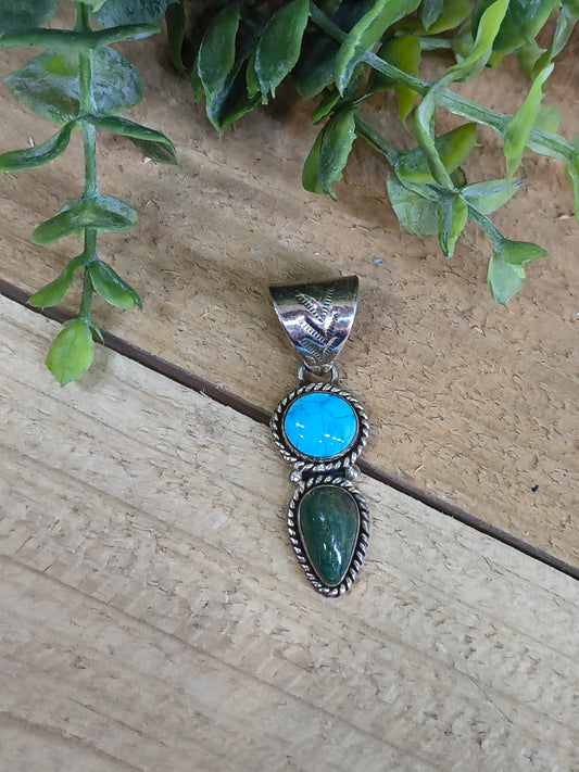 2 Stone Kingman Turquoise and Emerald Valley Turquoise Pendant 10mm Bail