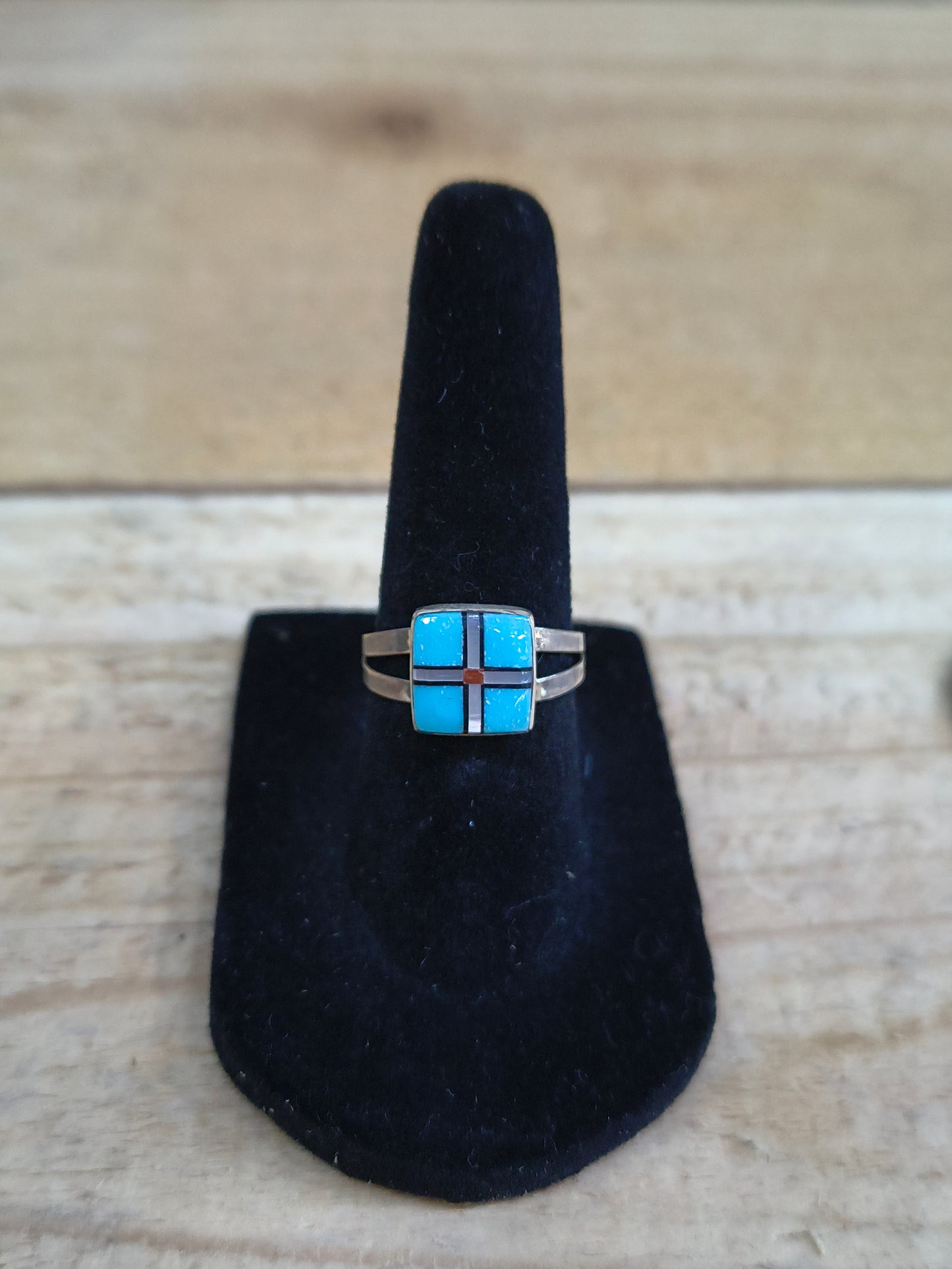 Turquoise, Mother of Pearl, Black Jet Inlay Ring