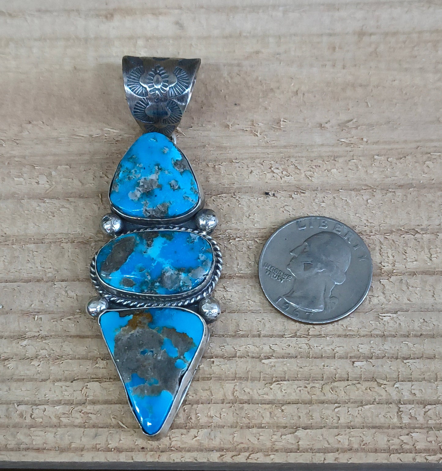 3 Stone Kingman Turquoise Pendant with a 11.7mm Bale by T. Nez, Navajo