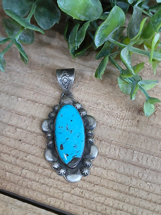 Slender Oval Kingman Turquoise Pendant 10mm Bail by Steven Nez, Navajo