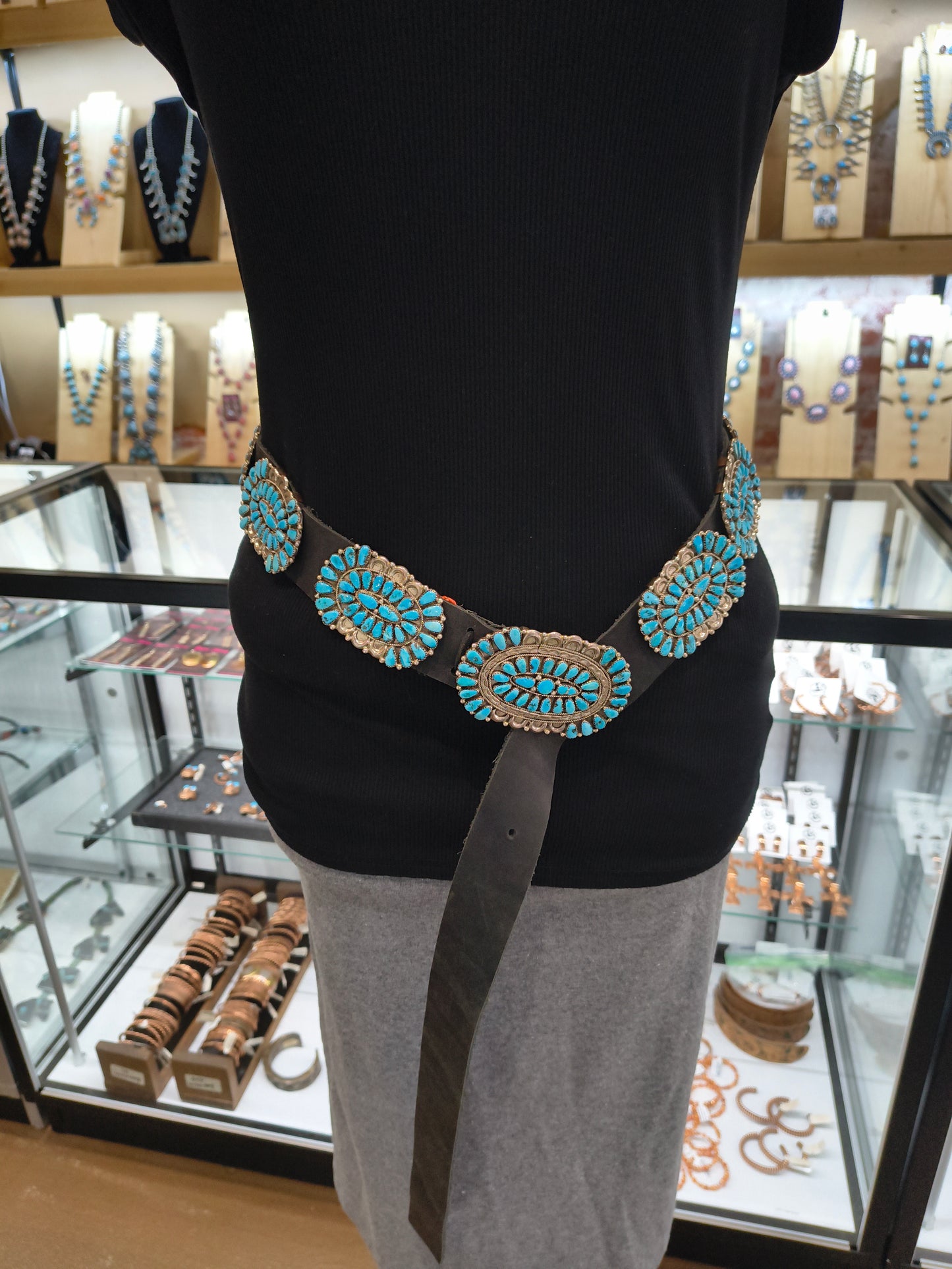 Sleeping Beauty Turquoise Cluster Teardrop 50" Leather Concho Belt