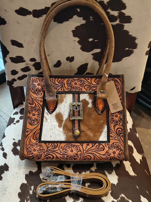 Brown Tooled Leather Small Tote Handbag w Strap