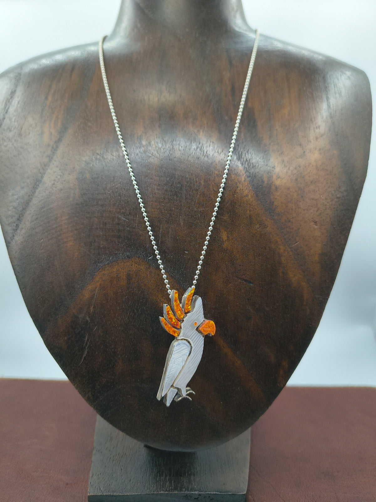 18” Citron-Crested Cockatoo Mother of Pearl, Orange Opal Inlay in Pin/Pendant