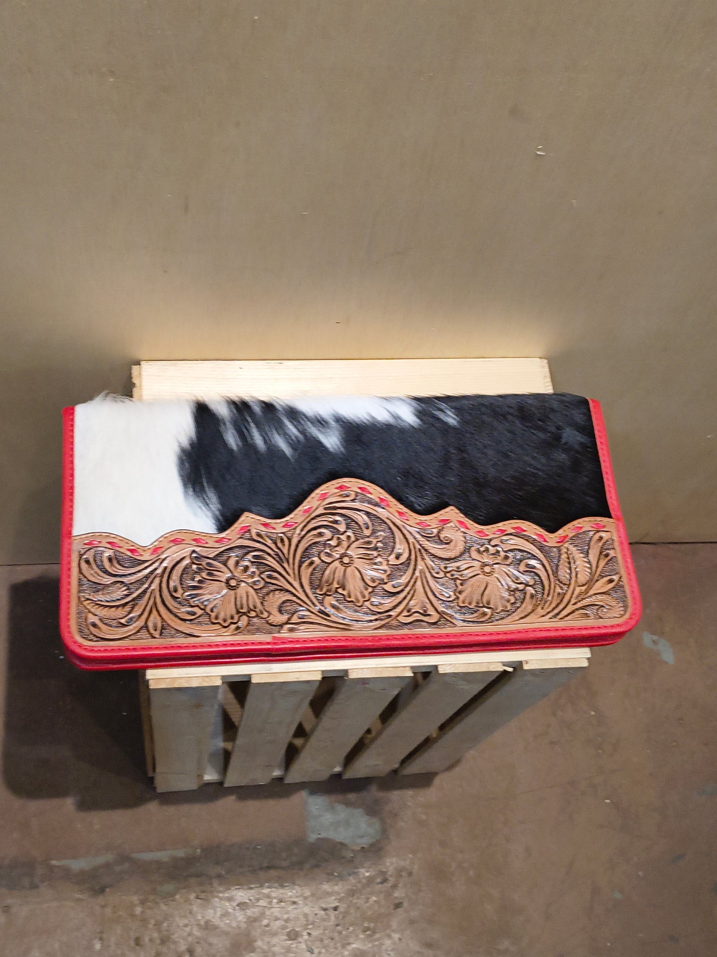 Medium Red Tooled Leather and Cowhide Necklace Flat Jewelry Holder