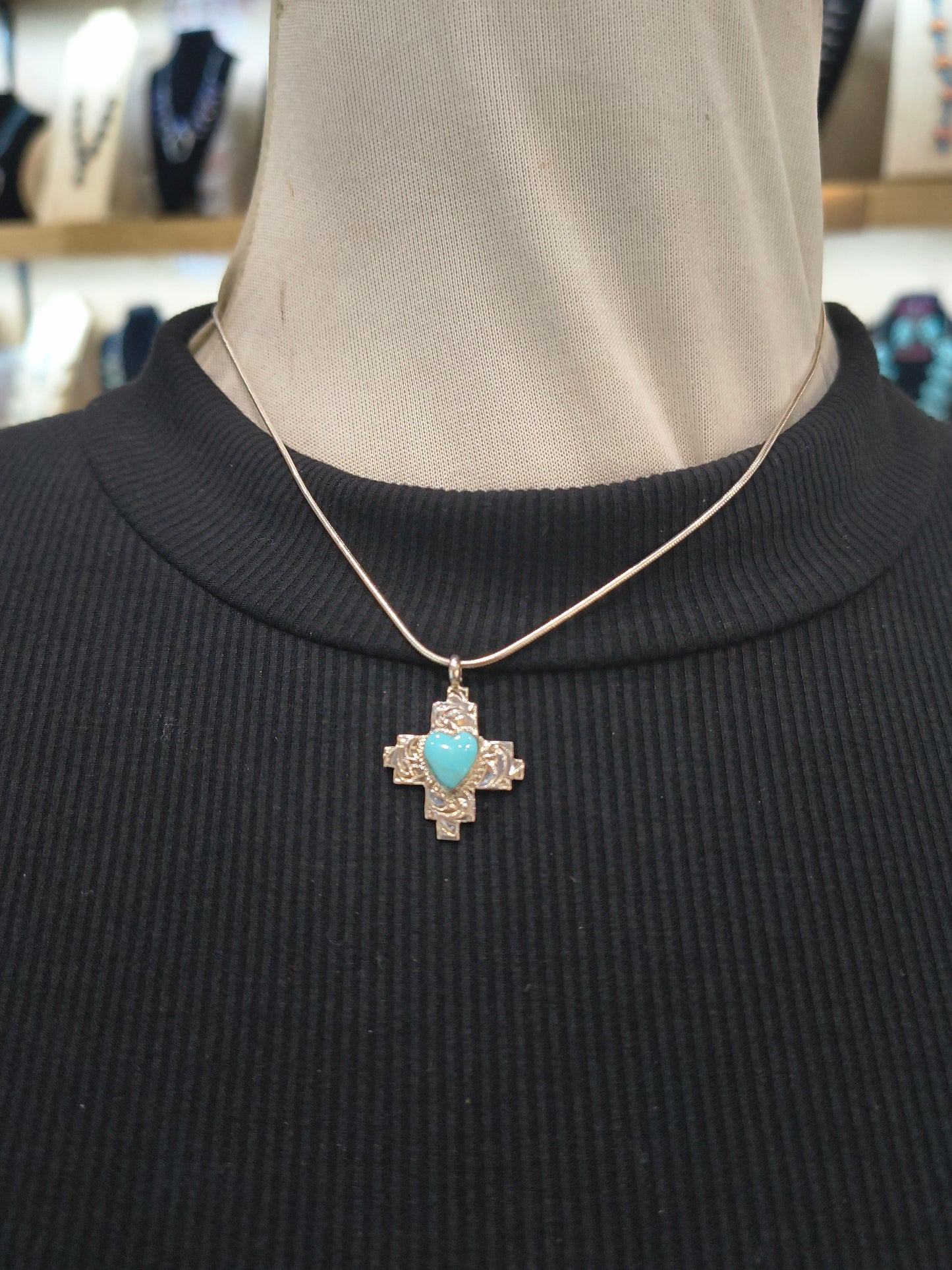 Turquoise Heart in Zia Stamped Pendant on 16" necklace