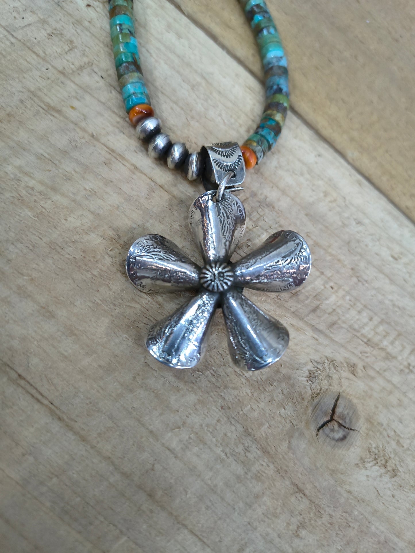 Mercury Dime Flower on 18" Turquoise Heshi Necklace by James Begay, Jr., Navajo