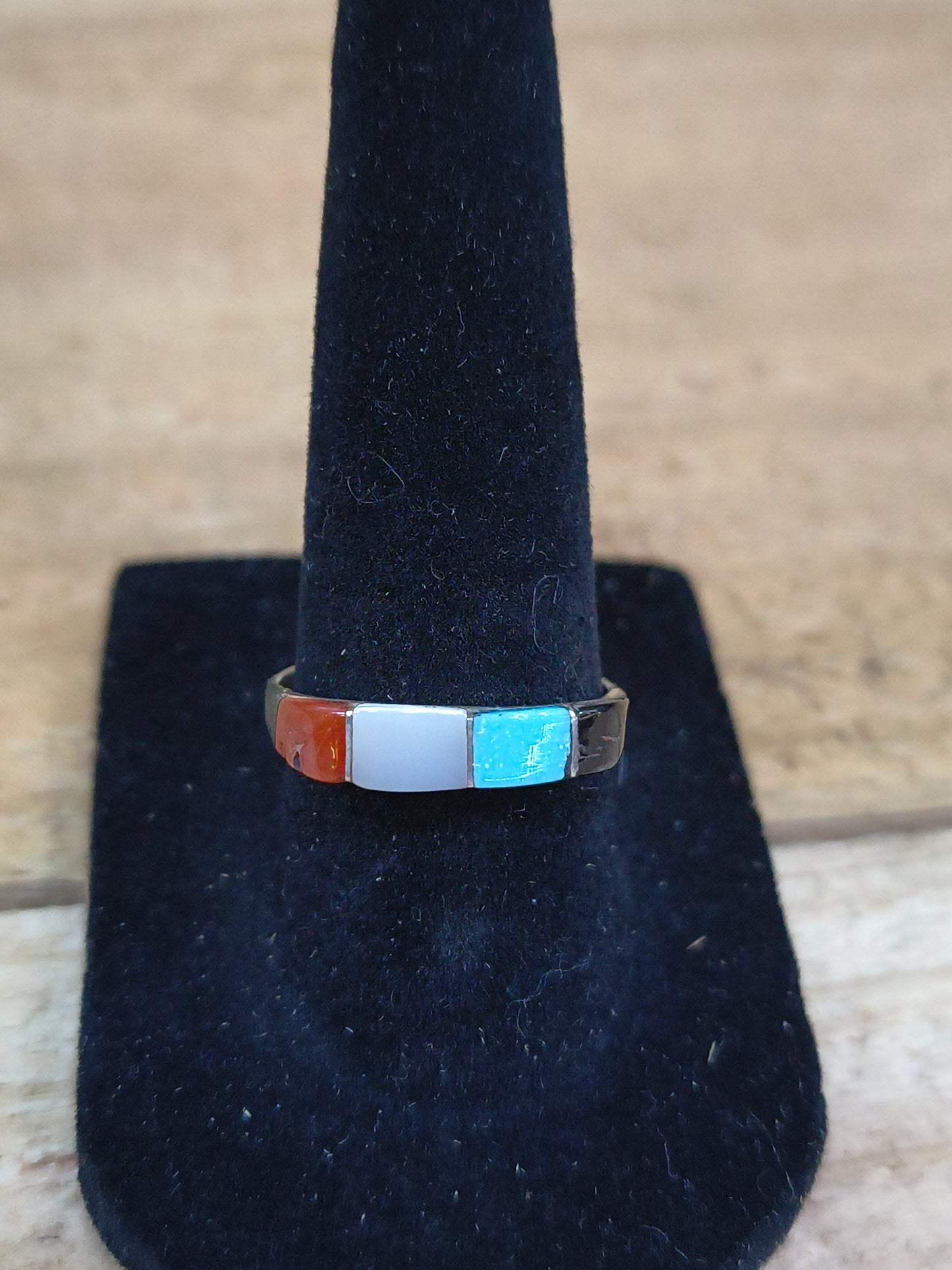 Size 7.5 -Turquoise, Coral, Black Jet, and Mother of Pearl Ring