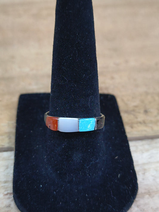 Size 7.5 -Turquoise, Coral, Black Jet, and Mother of Pearl Ring