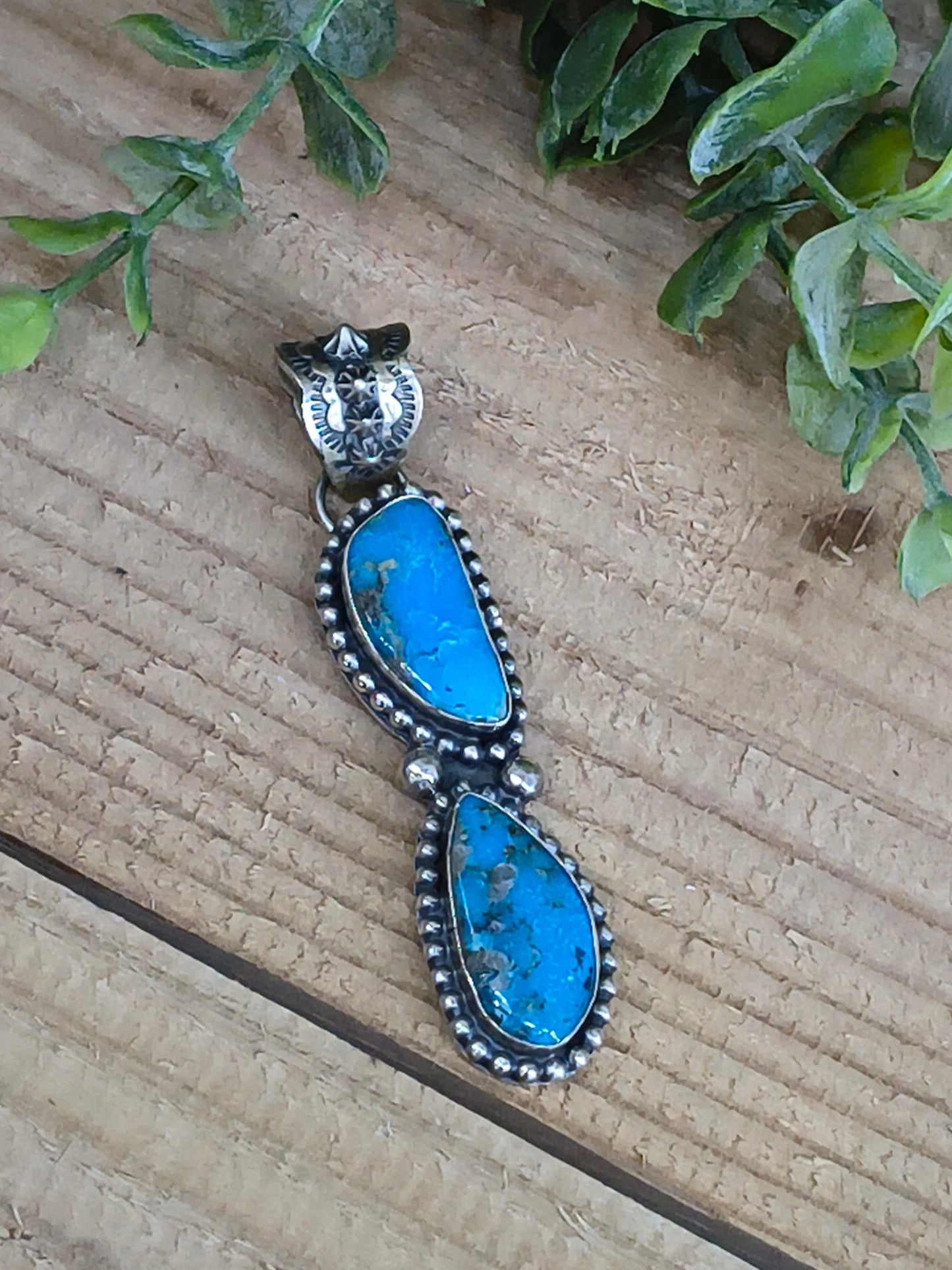 2 Stone Kingman Turquoise Pendant with a 10mm Bale by Terrell Nez, Navajo