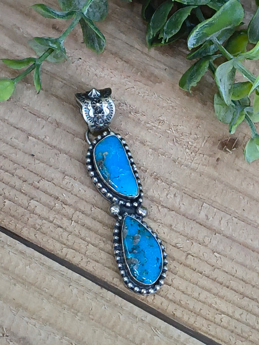 2 Stone Kingman Turquoise Pendant with a 10mm Bale by Terrell Nez, Navajo