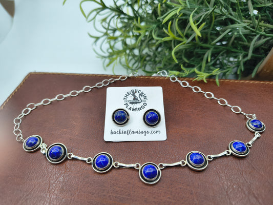 16" 7 Stone Lapis Necklace & Earring Set by Martin Perry, Navajo