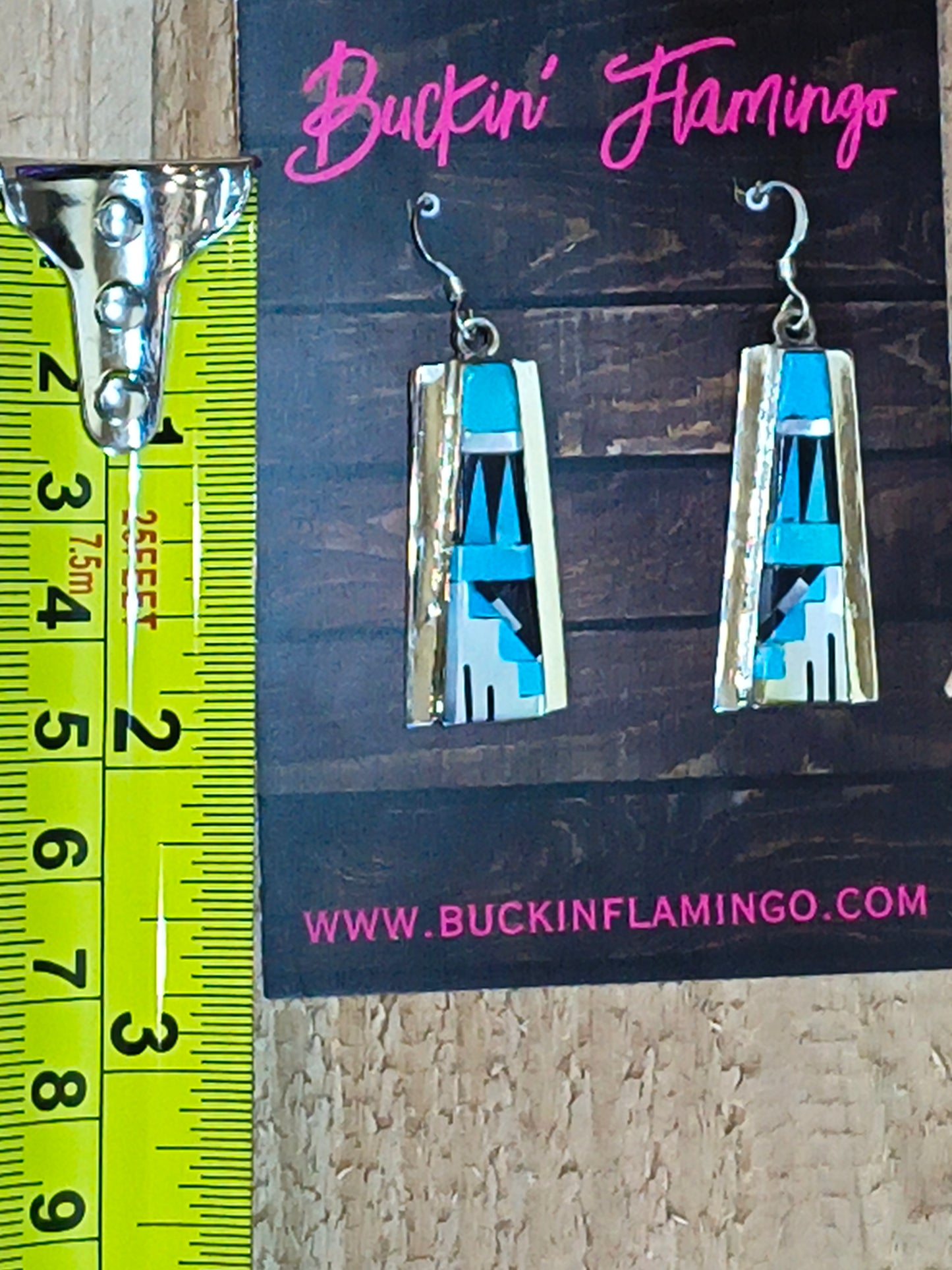 Inlaid Turquoise, Onyx, Mother of Pearl, and Red Coral Earrings by Patty Edaakie, Zuni