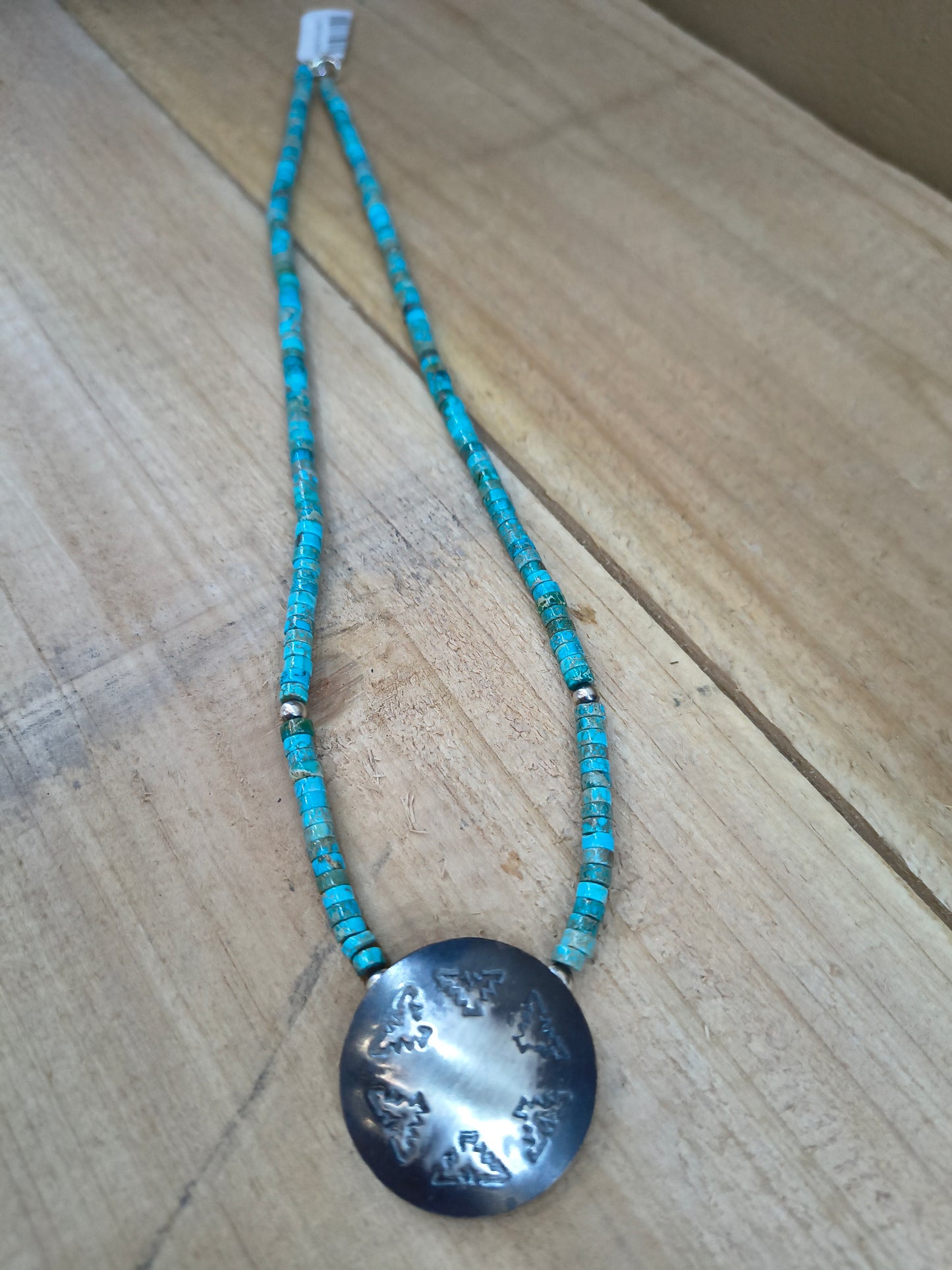 18" Handmade Turquoise Heishi Bead Necklace with Sterling Silver Stamped Pillow Bead by Maryetta Daukei Kellywood, Navajo