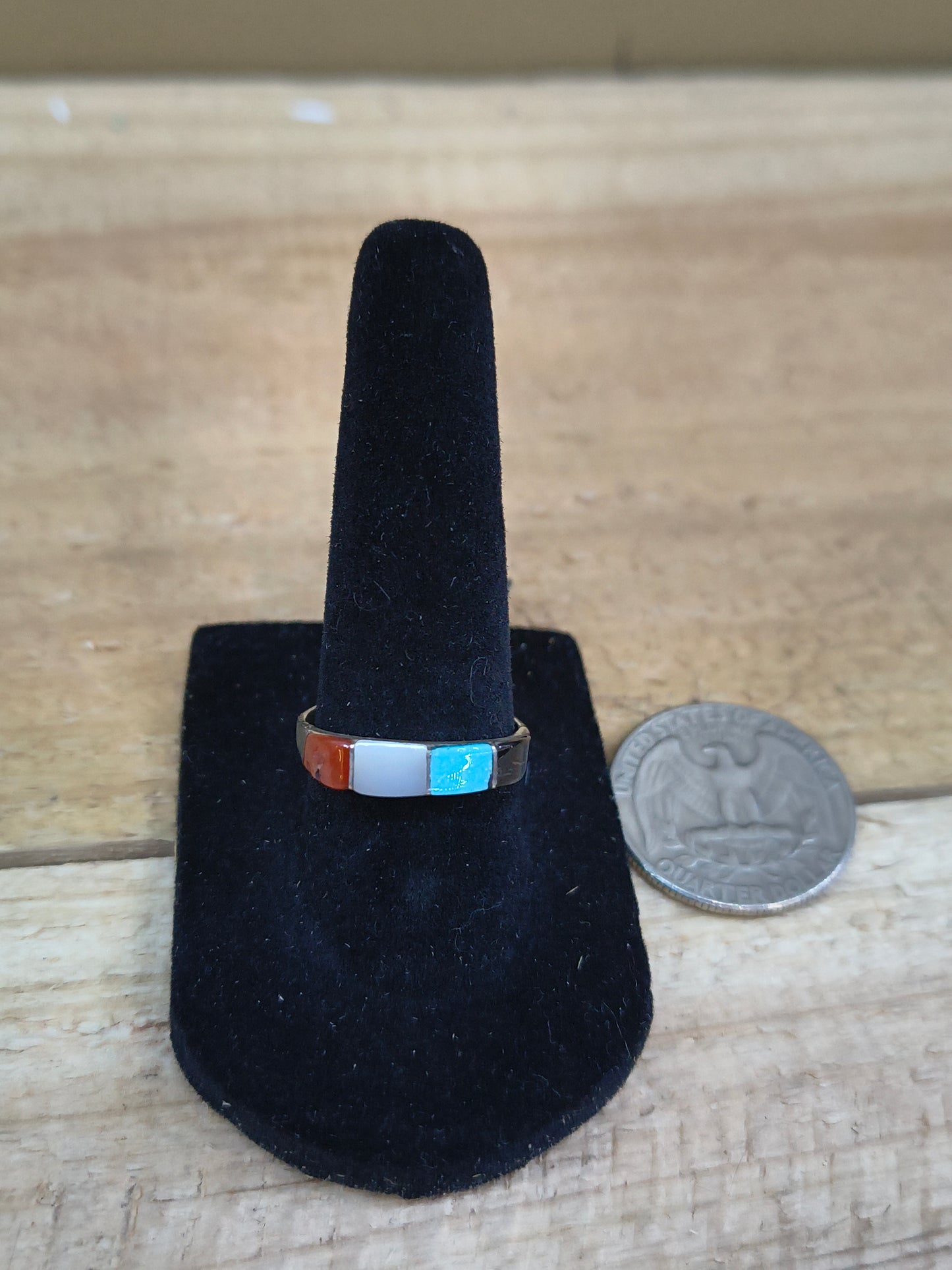 Size 7.5 -Turquoise, Coral, Black Jet, and Mother of Pearl Ring