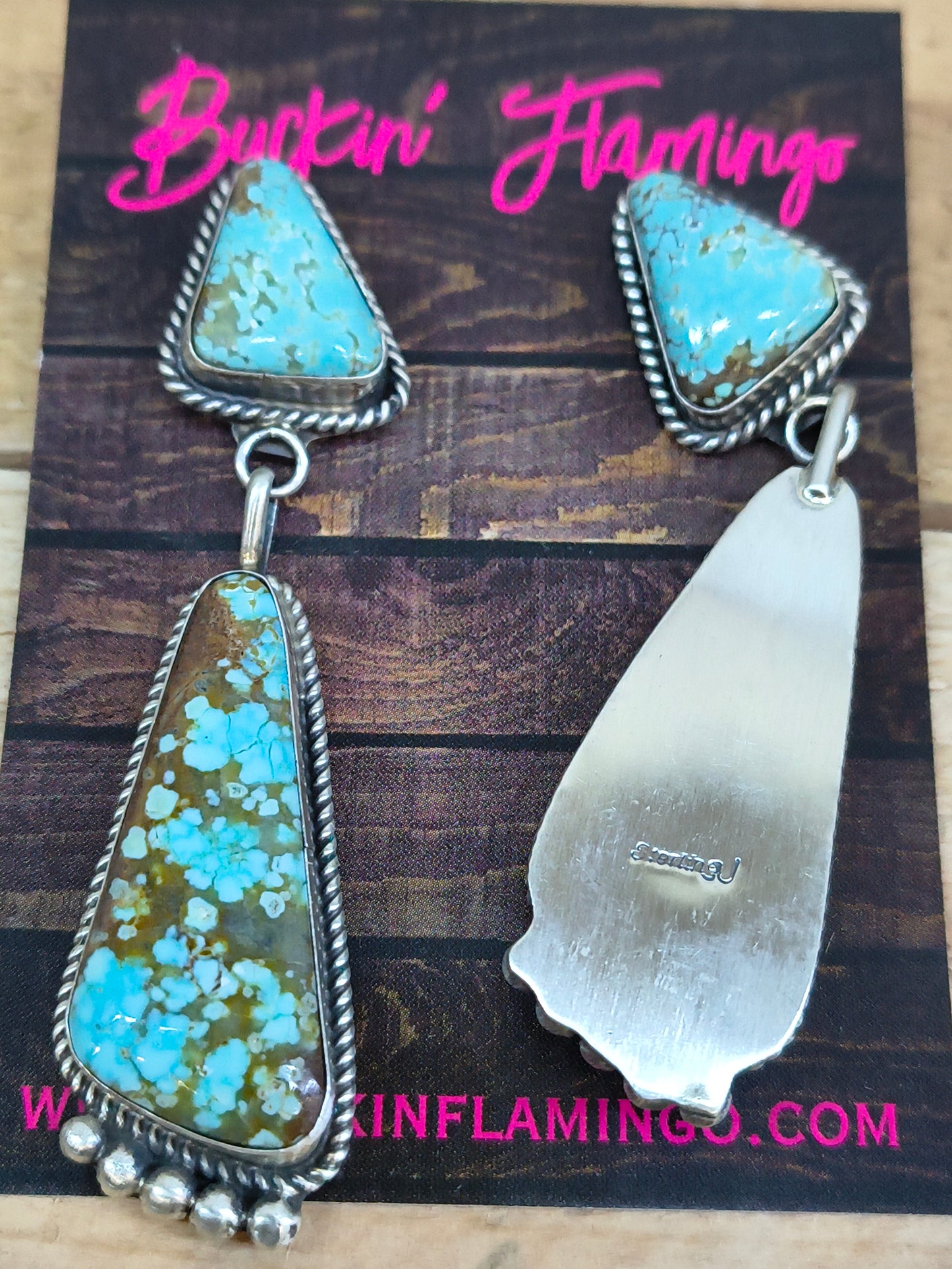 #8 Turquoise 2 Stone Post Dangle Earrings by Judith Dixon, Navajo