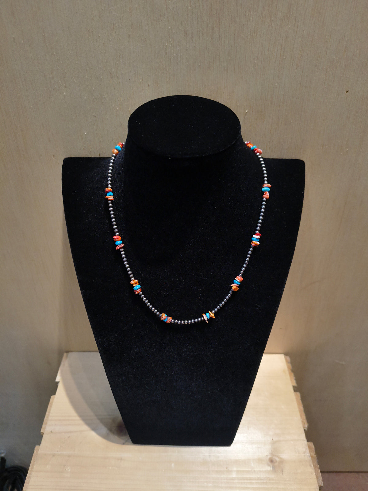 19" 3mm Navajo Style Pearls with Orange Spiny Oyster and Turquoise Chunks