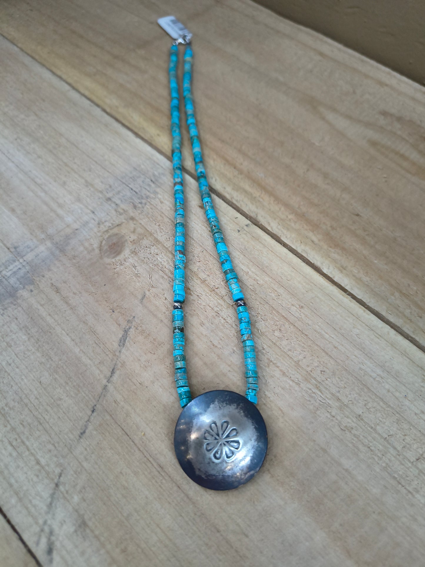 18" Handmade Turquoise Heishi Bead Necklace with Sterling Silver Stamped Pillow Bead by Maryetta Daukei Kellywood, Navajo