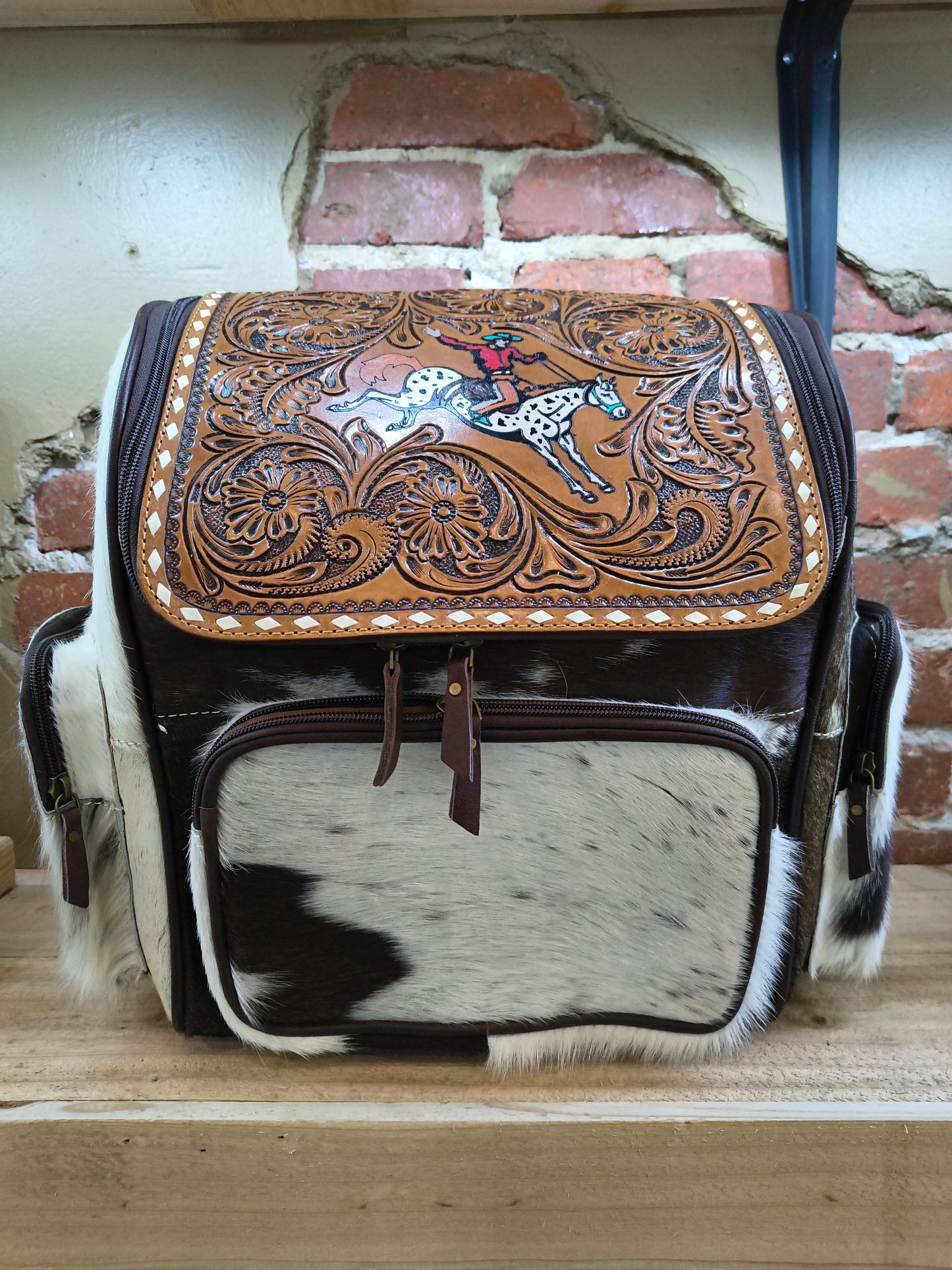 Cowboy on White Horse Leather and Cow Hide Backpack