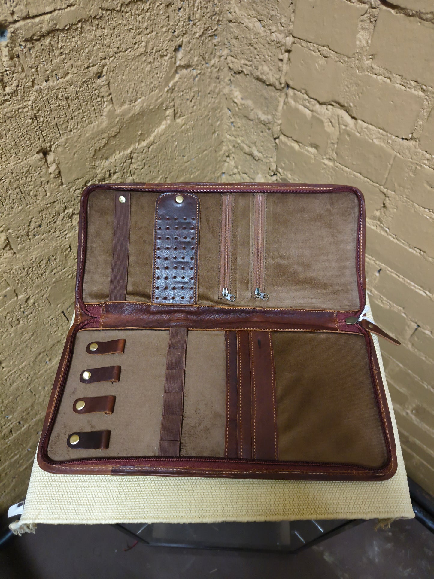 Medium Brown Tooled Leather and Cowhide Necklace Flat Jewelry Holder