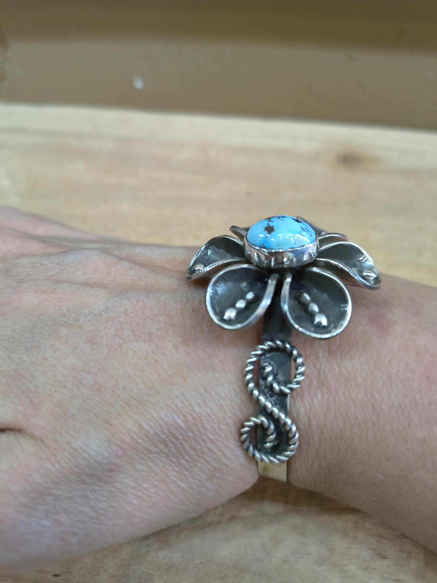 Golden Hills Turquoise with Mercury Dime Flower Cuff by James Begay, Jr., Navajo