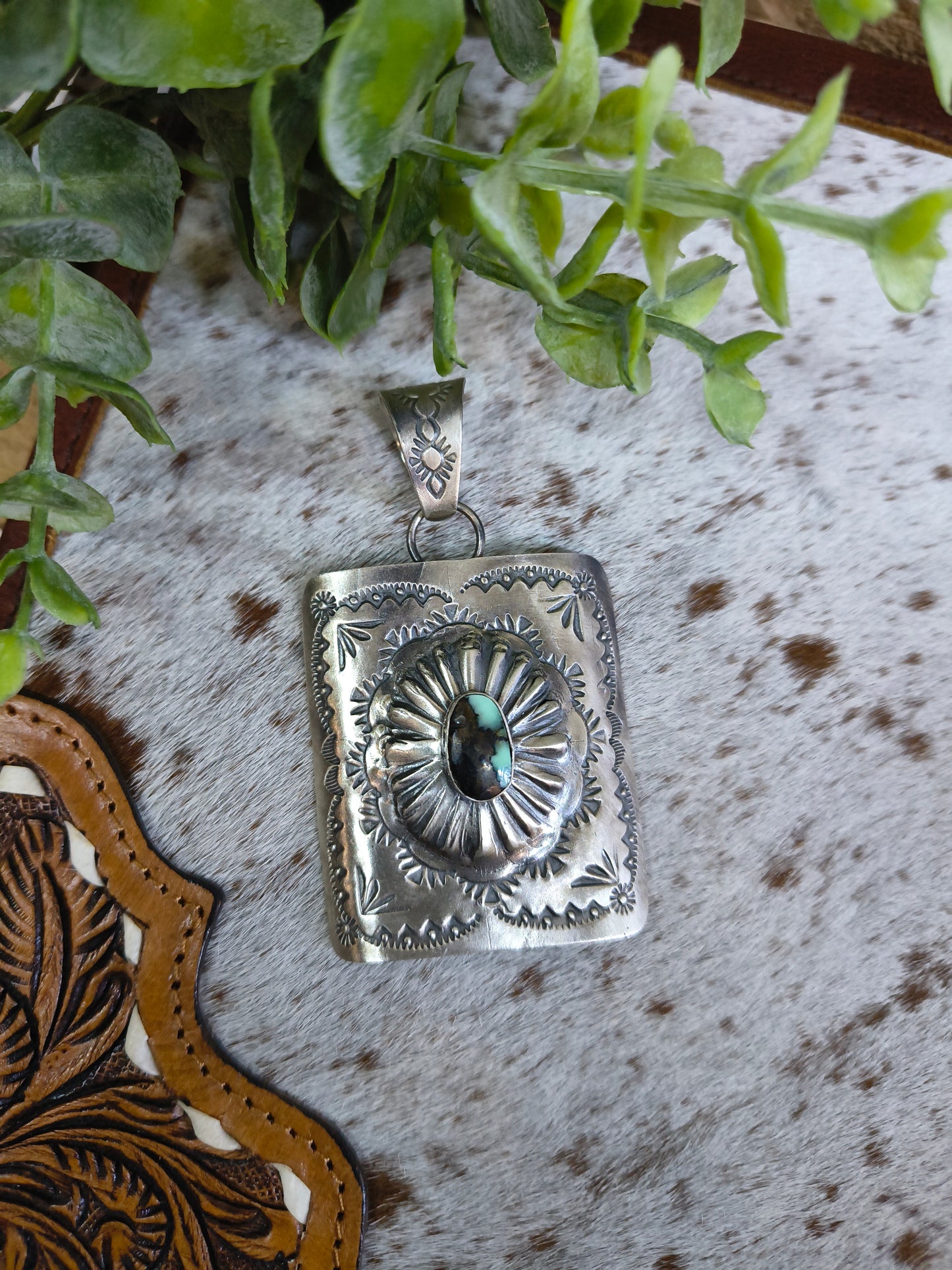 Square Concho Mantis Turquoise Pendant with a 13.5mm Bale by Delbert Secatero, Navajo
