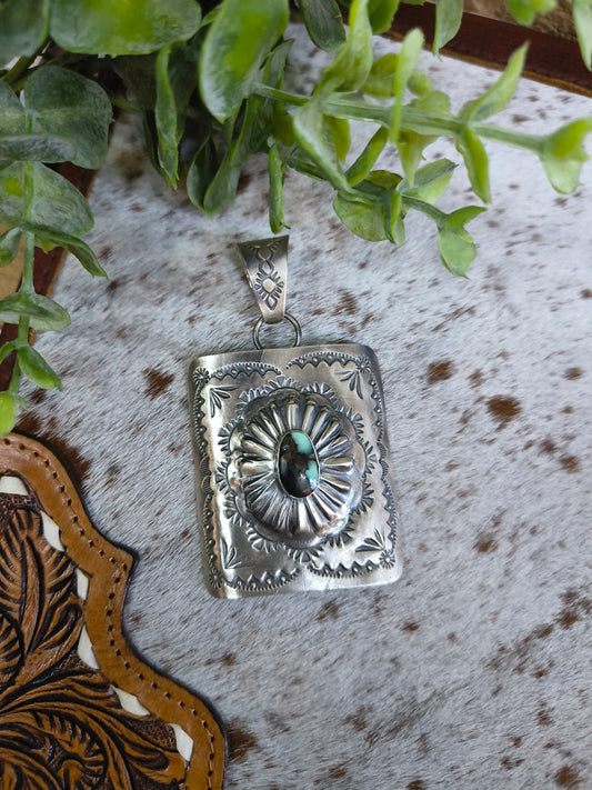 LOT 82 A 9/20 Square Concho Pendant with Mantis Turquoise by Delbert Secatero, Navajo
