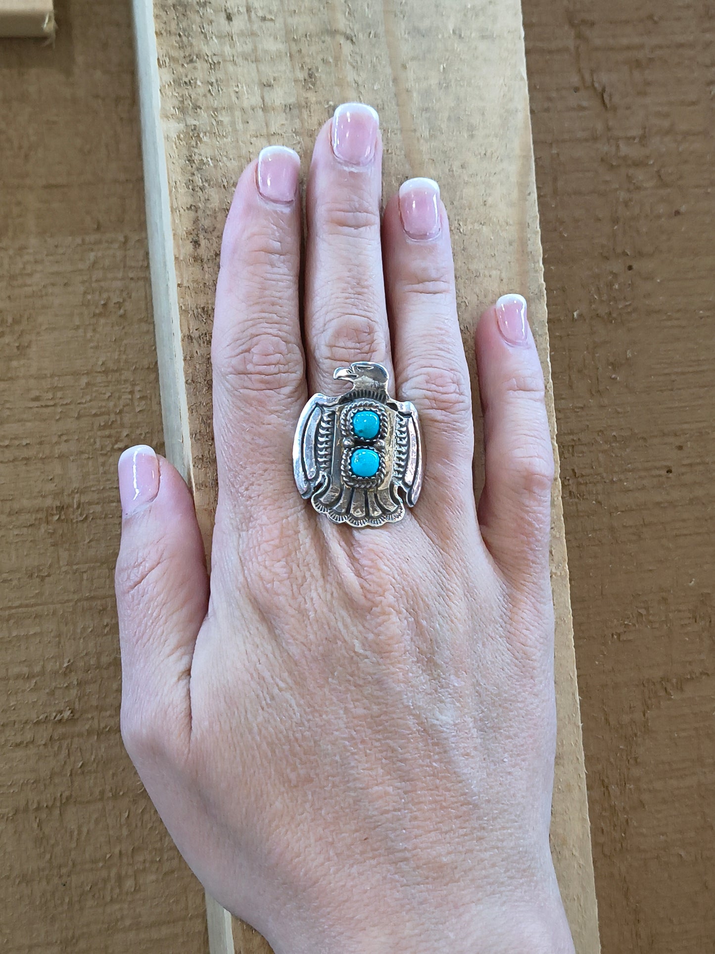 10.0 Turquoise Thunderbird Ring by Alice R. Sanders, Navajo