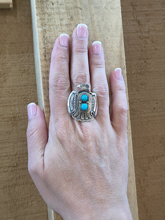 10.0 Turquoise Thunderbird Ring by Alice R. Sanders, Navajo