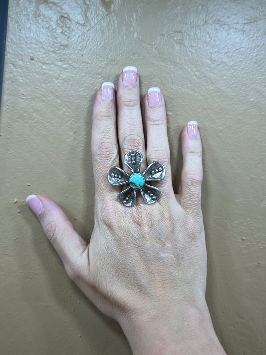Golden Hills Turquoise Mercury Dime Flower Adjustable Ring by James Begay, Jr., Navajo