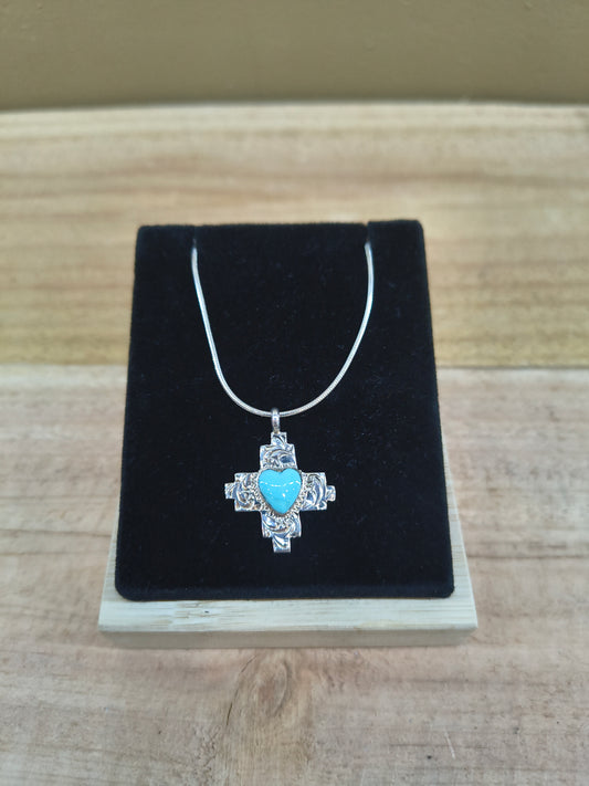 Turquoise Heart in Zia Stamped Pendant on 16" necklace