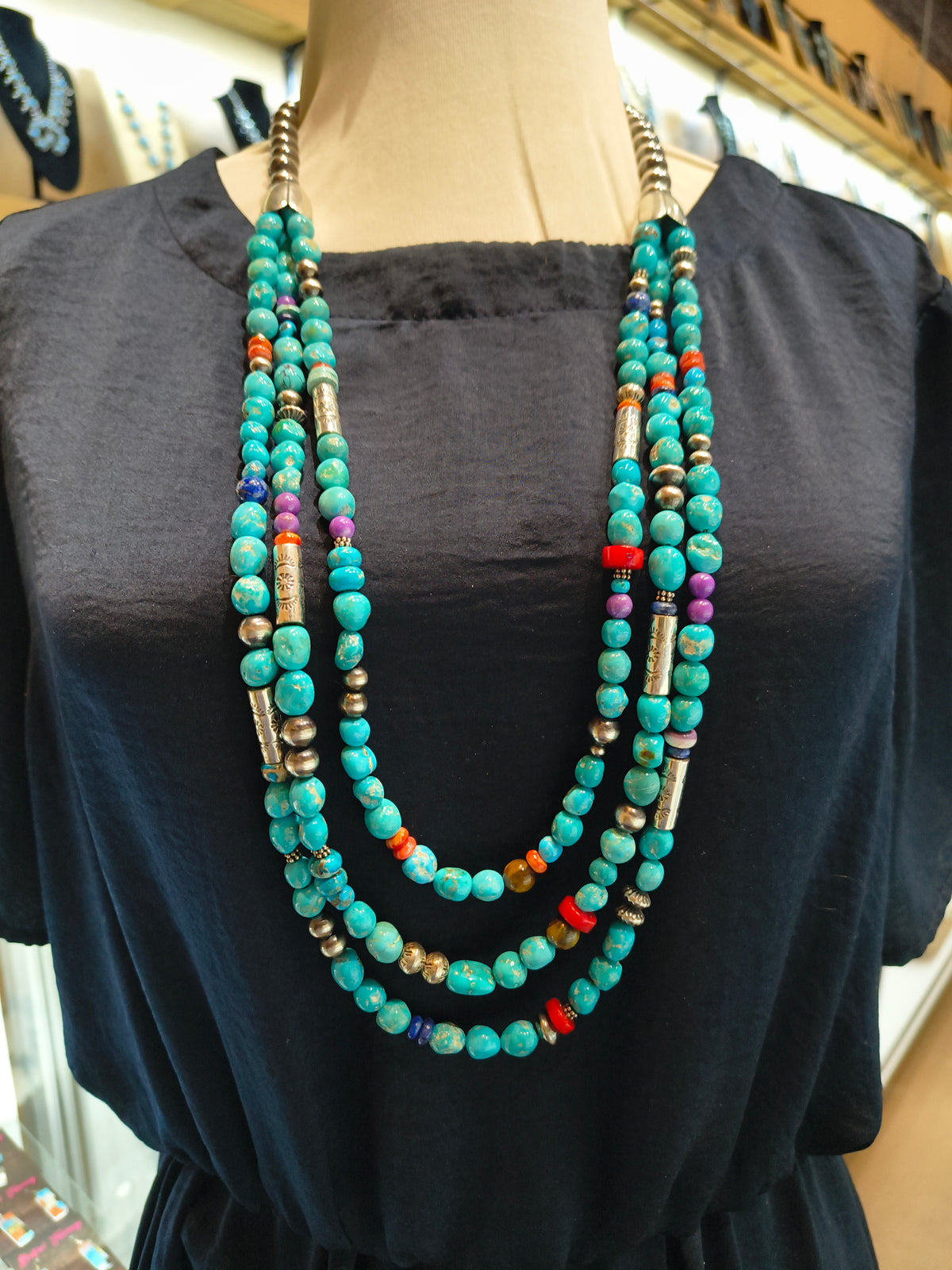 30" 3 STRAND CHUCKY BEAD NECKLACE ON 10MM NAVAJO STYLE PEARLS MULTI STONE