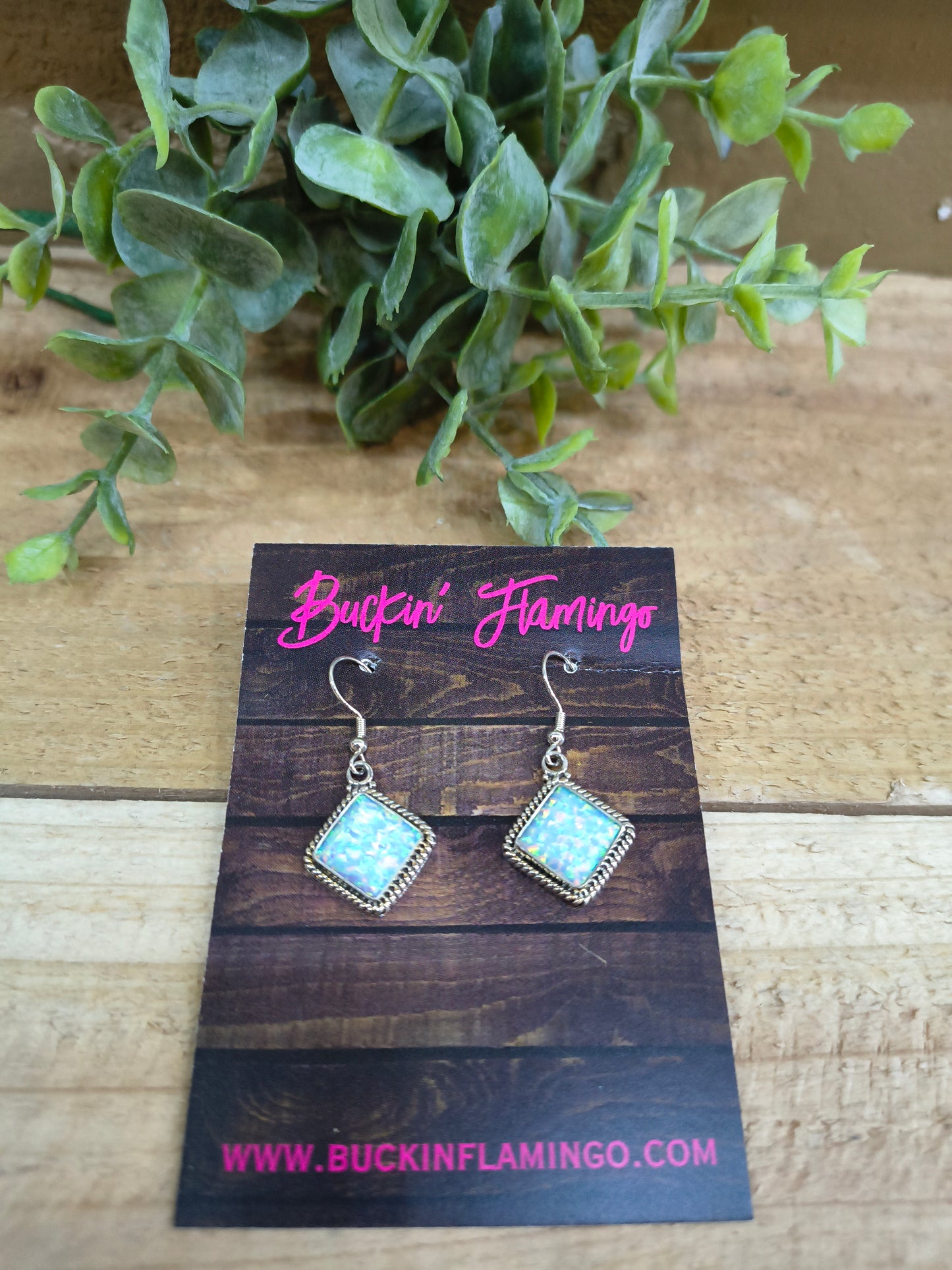 Square White Opal Dangly Earrings