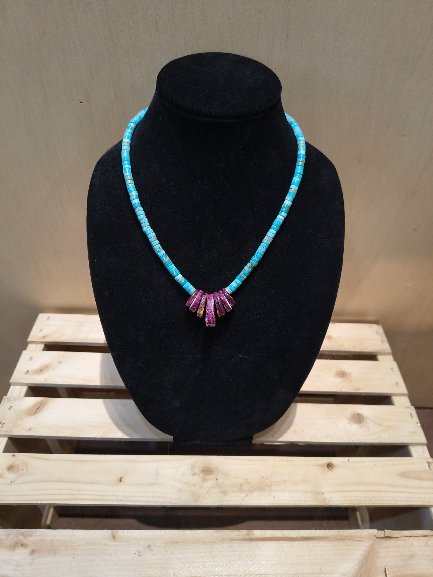 19" Purple Spiny Oyster and Turquoise Heishi Necklace