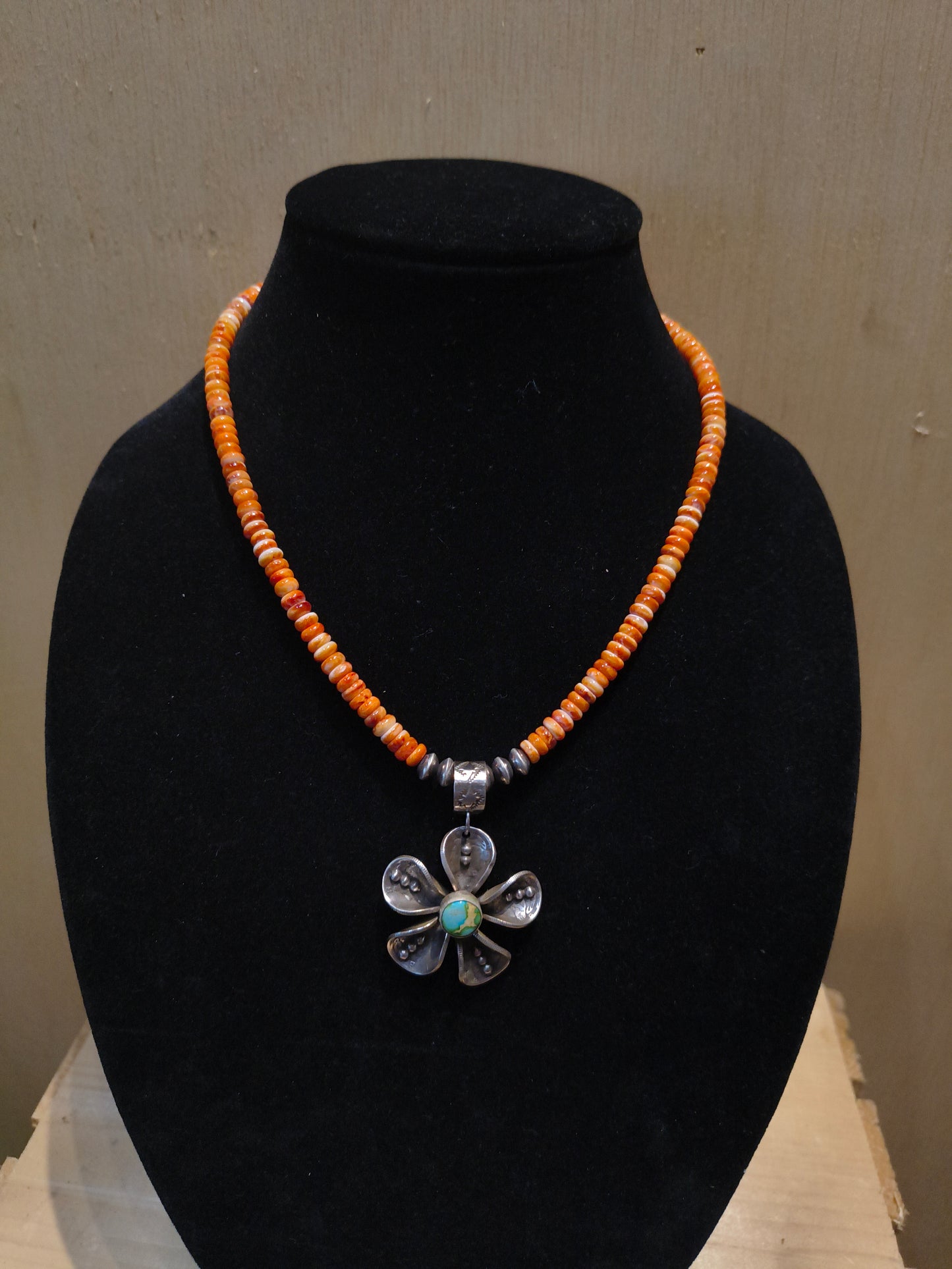 Mercury Dime Flower on 18" Spiny Oyster Necklace by James Begay, Jr., Navajo